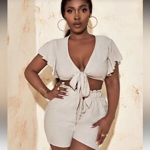 Stylish Beige Tie-Front Linen Two-Piece Set